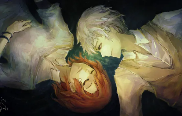 Девушка, арт, Аниме, парень, Anime, лежат, блондин, Akira