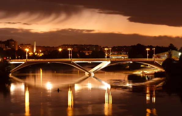 Картинка мост, город, огни, река, вечер