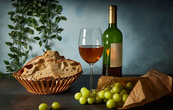 Вино, бокал, бутылка, хлеб, виноград