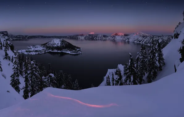Картинка зима, снег, закат, озеро, остров, Орегон, Oregon, Crater Lake