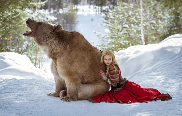 Зима, иней, лес, девушка, свет, снег, природа, ели