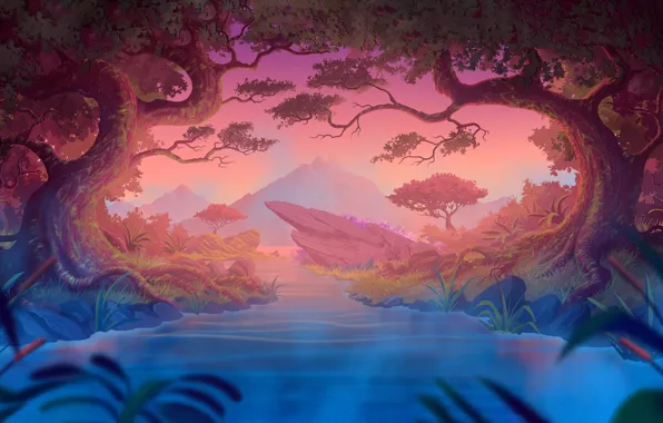 Вода, Вечер, Горы, Деревья, Лес, Fantasy, Пейзаж, Art