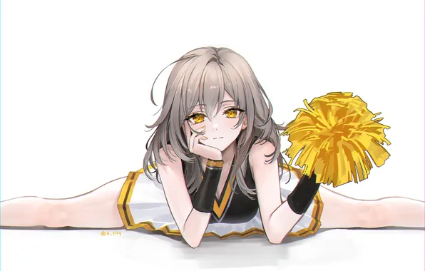 Картинка cleavage, artwork, yellow eyes, simple background, miniskirt, gray hair, looking at viewer, Honkai Star Rail