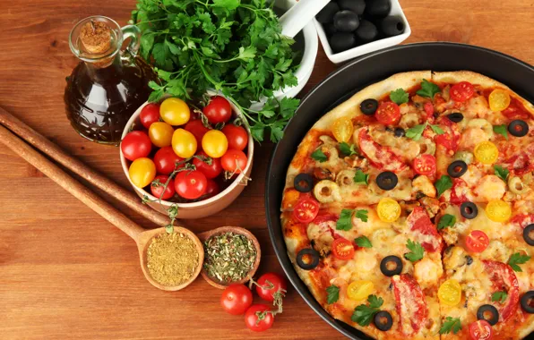 Картинка еда, сыр, пицца, помидоры, оливки, петрушка, блюдо, маслины