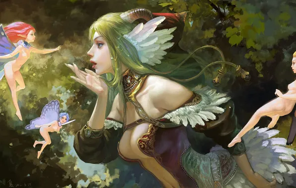 Лес, девушка, перья, эльфы, рога, зеленые волосы, art, Xiaji