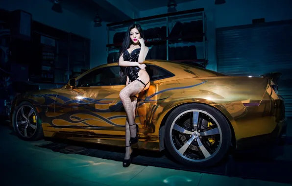 Девушка, чулки, гараж, туфли, каблуки, азиатка, автомобиль, Chevrolet Camaro