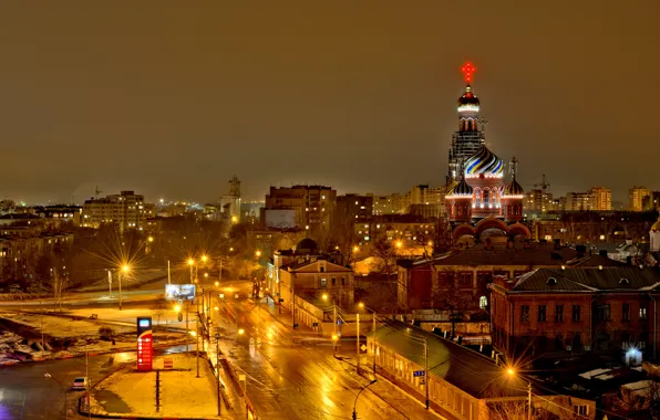 Ночь, красота, Город, hdr, фонари, церковь, храм, ночной город