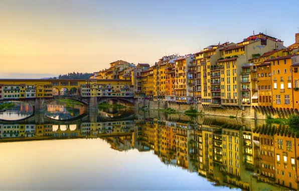 Мост, отражение, здания, Италия, Флоренция, Italy, Florence, Ponte Vecchio