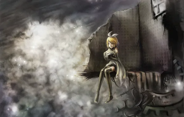 Девушка, улыбка, окно, шестеренки, руины, vocaloid, бантик, Kagamine Rin
