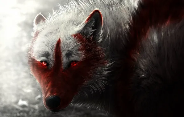 Волк, art, wolf, светящиеся глаза