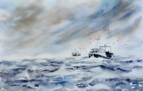 Море, корабль, картина, акварель