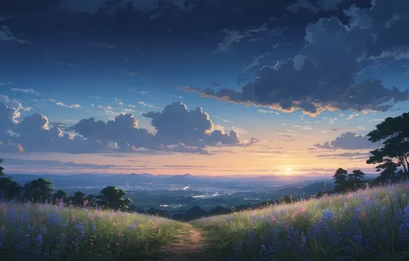 City, sky, trees, landscape, sunset, anime, night, flowers