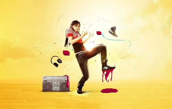 Картинка Девушка, наушники, ботинок, магнитола, танцует