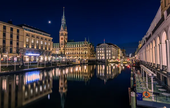 Картинка отражение, река, здания, дома, Германия, ночной город, набережная, Гамбург
