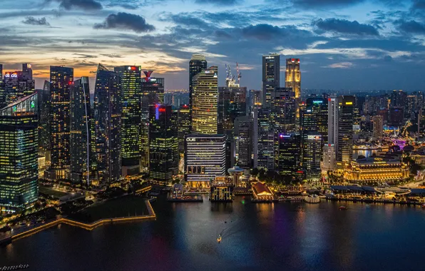 Здания, дома, панорама, залив, Сингапур, ночной город, небоскрёбы, Singapore