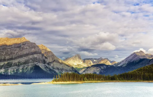 Картинка небо, облака, деревья, горы, Канада, Альберта, озеро Кананаскис, Geherty's point