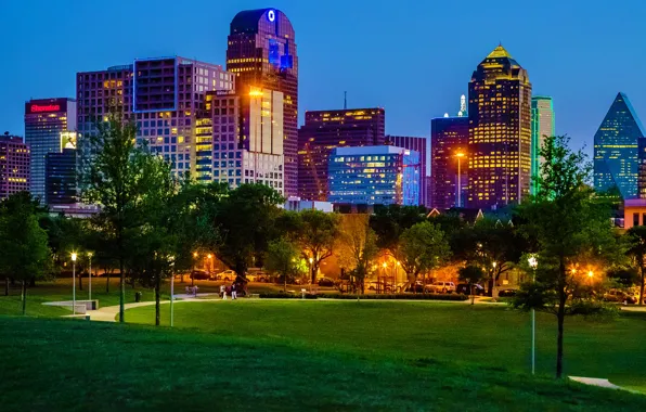 Картинка city, lights, USA, trees, night, park, evening, Texas