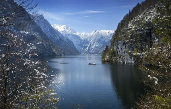 Картинка снег, пейзаж, горы, природа, озеро, Германия, Бавария, Альпы