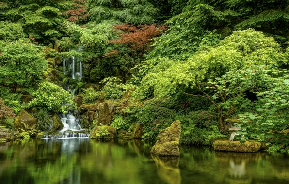 Картинка деревья, озеро, камни, водопад, Орегон, Портленд, каскад, Oregon