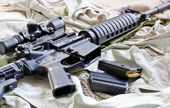 Bullets, M16, boots, telescopic sight