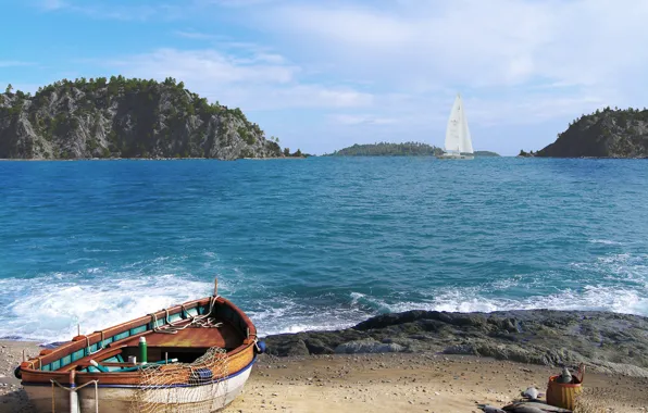 Море, берег, лодка, яхта, улов