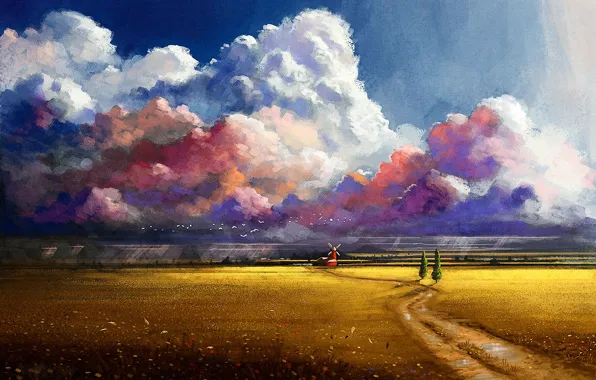 Картинка дорога, поле, облака, деревья, цветы, птицы, мельница, нарисованный пейзаж