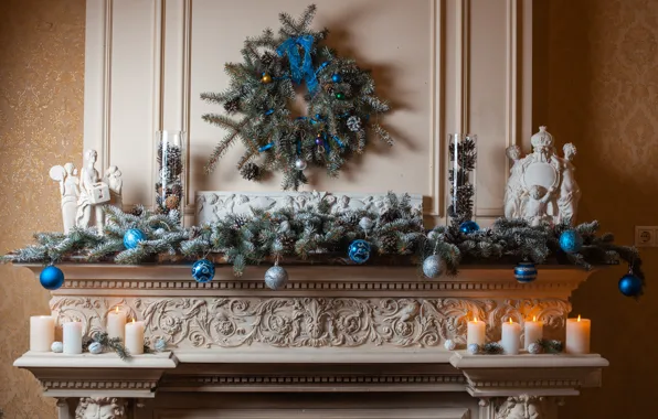 Картинка украшения, шары, игрушки, елка, свечи, Новый Год, Рождество, камин