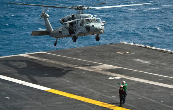 Картинка море, вертолет, авианосец, посадка, Sikorsky, UH-60, Black Hawk, чёрный ястреб