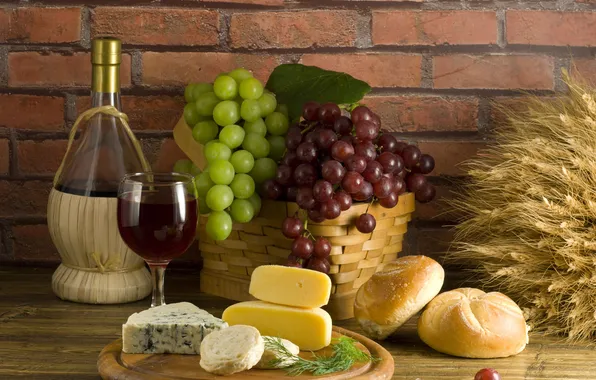 Вино, корзина, бокал, бутылка, сыр, хлеб, виноград, колосья