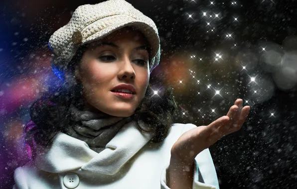 Девушка, снег, звёзды, шарфик, пальто, кепи