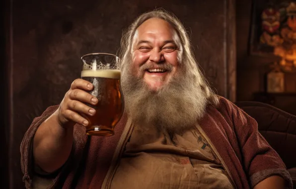 Glass, beer, joy, beard, fat man