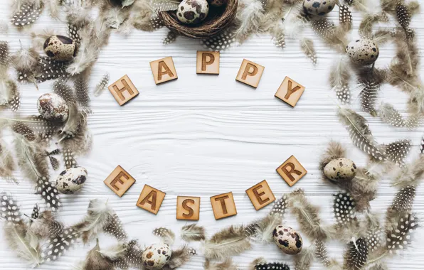 Картинка яйца, перья, Пасха, wood, spring, Easter, eggs, decoration