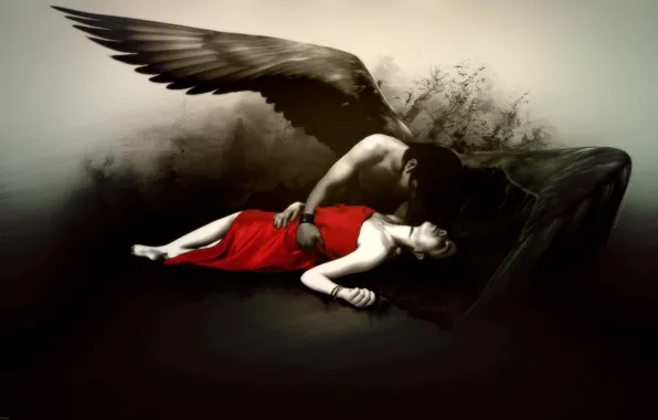 Картинка девушка, черно-белая, ангел, красное платье