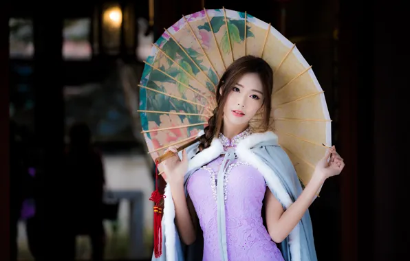 Картинка девушка, зонтик, азиатка, накидка
