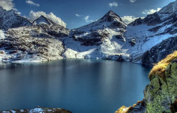 Картинка зима, снег, горы, озеро, фото, скалы