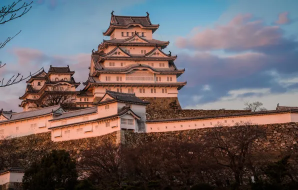 Небо, замок, Япония, Japan, Himeji Castle, Химэдзи, Замок Химэдзи, Замое белой цапли