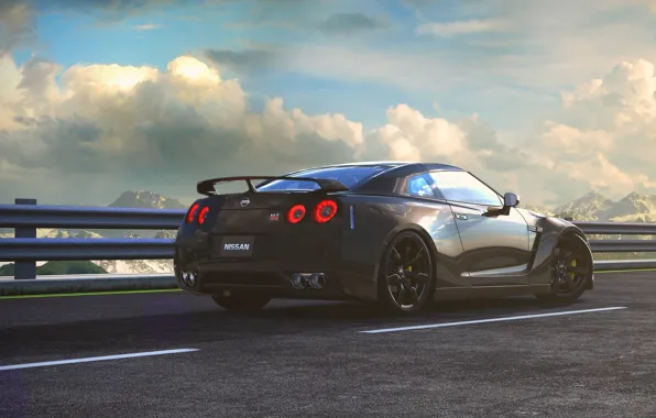 Nissan, GT-R, Car, Sky, Mountains, Road, Wheels, Spoiler