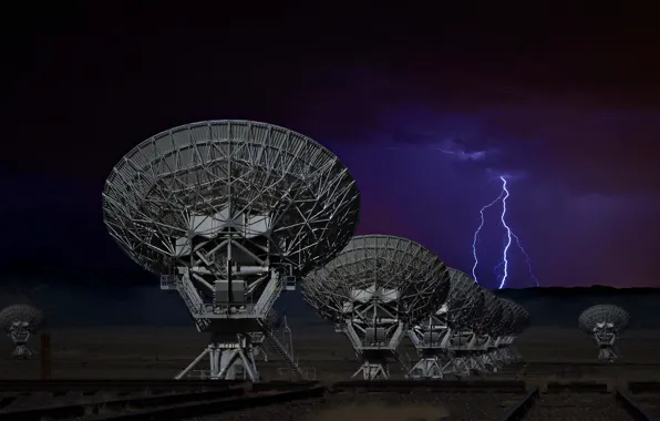 Небо, молния, антенна, Нью-Мексико, технология, радиотелескоп