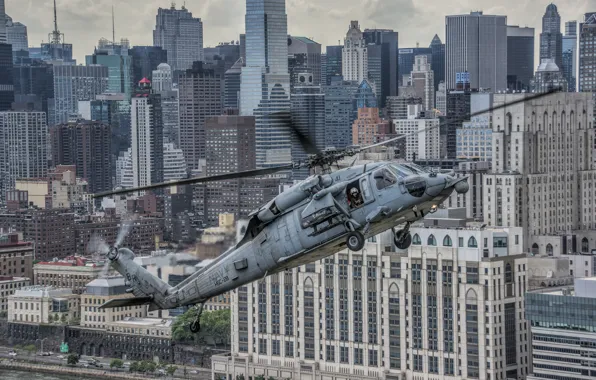 Картинка полет, город, дома, вертолёт, небоскрёбы, многоцелевой, Sikorsky, UH-60