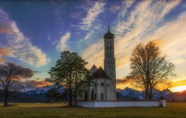 Небо, деревья, закат, горы, Германия, Бавария, Альпы, церковь