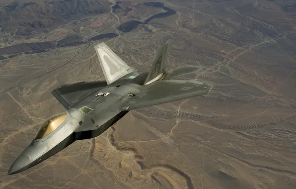 Картинка полет, ландшафт, истребитель, малозаметный, многоцелевой, F-22 Raptor
