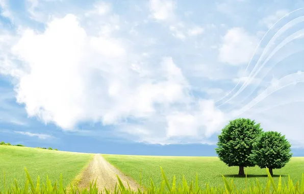 Картинка дорога, зелень, поле, лето, небо, трава, листья, облака