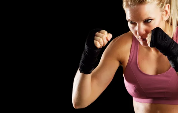 Поза, фигура, блондинка, боец, fighter, кулаки, стойка, фон black
