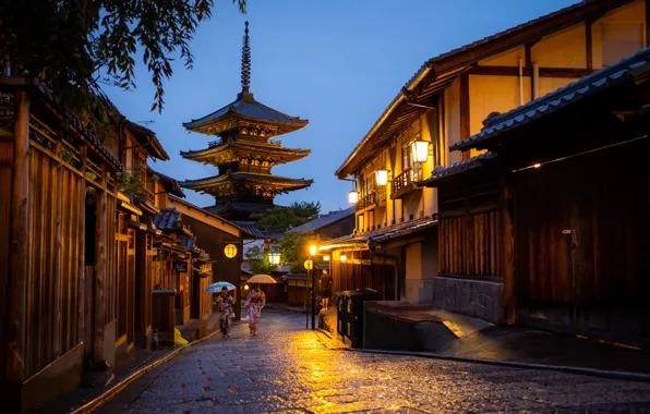 Город, улица, дома, вечер, Япония, освещение, фонари, Киото