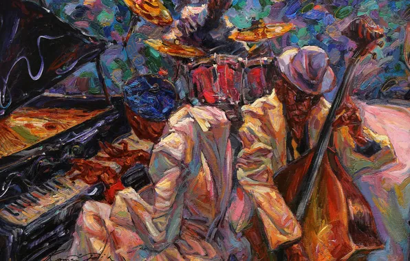 Oil, musical instruments, jazz singer, jazz club. dark yellow, jazz band