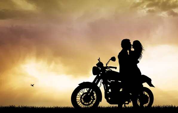 Картинка лето, настроение, романтика, вечер, размытость, силуэт, мотоцикл, bike