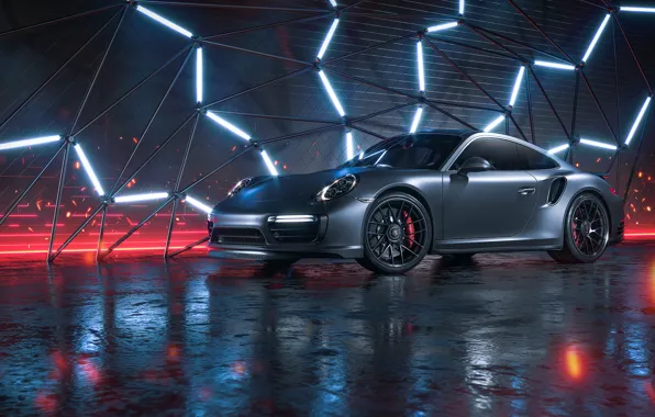 Авто, 911, Porsche, Неон, Машина, Серый, Porsche 911 Turbo, Рендеринг