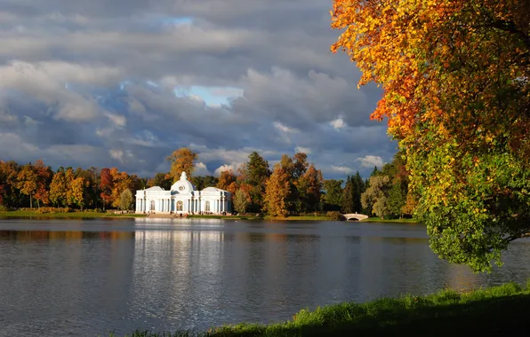 Картинка осень, небо, листья, пруд, сад, архитектура, Пушкин, Царское село