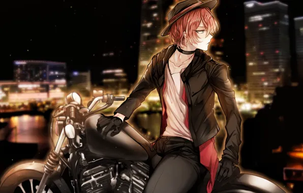 Ночь, мотоцикл, парень, Bungou Stray Dogs, Бродячие Псы: Литературные Гении