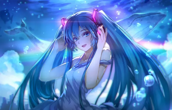 Вода, лучи, улыбка, аниме, кит, Hatsune Miku, Anime, жест